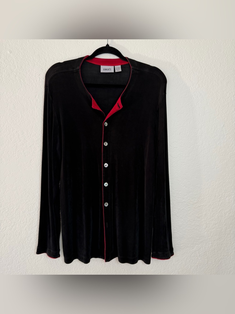 VTG Chicos Travelers Slinky Black Button Up Cardigan Blouse Women’s Size Large 2